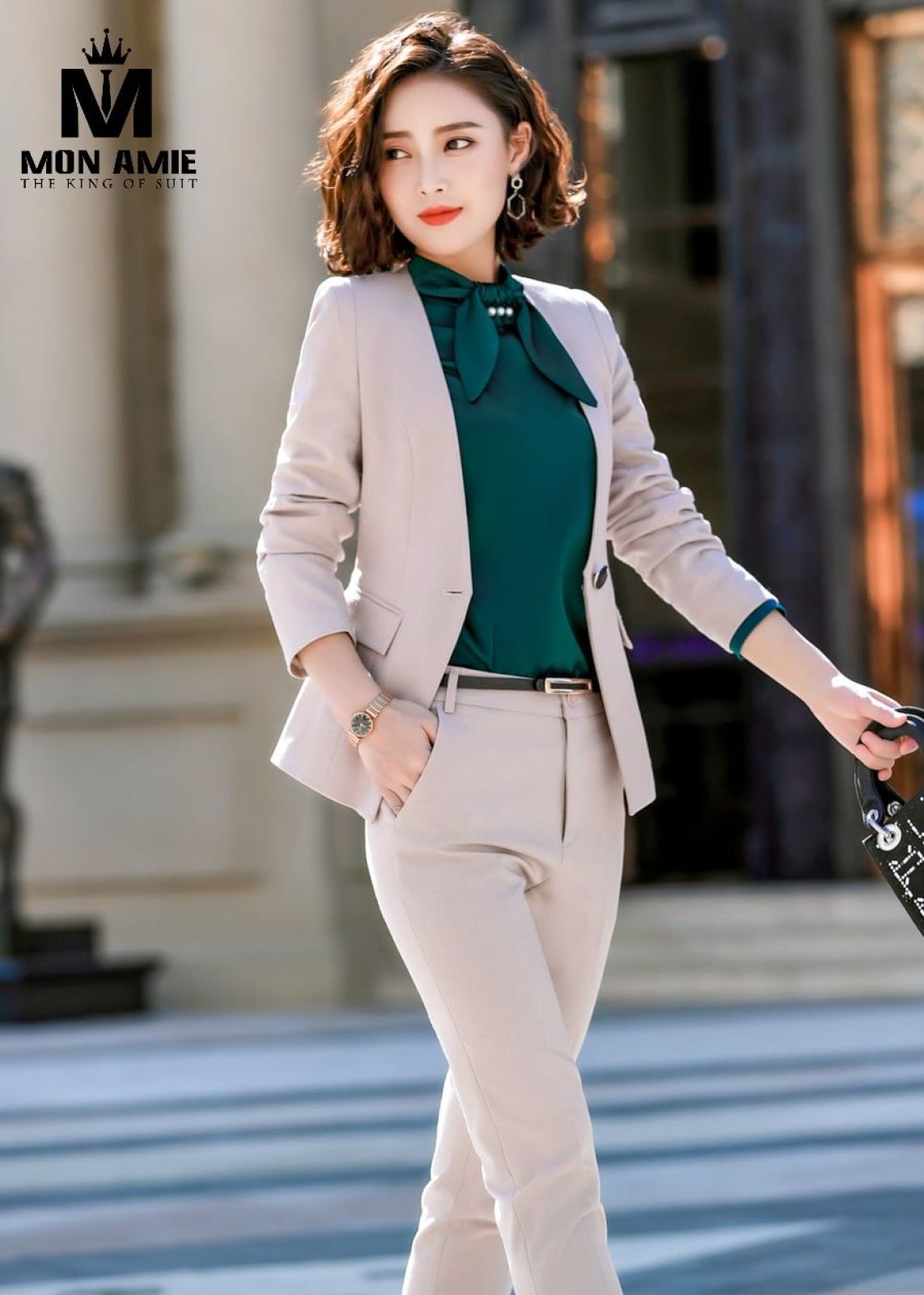 Beige Business Colarless Suit With Trousers 